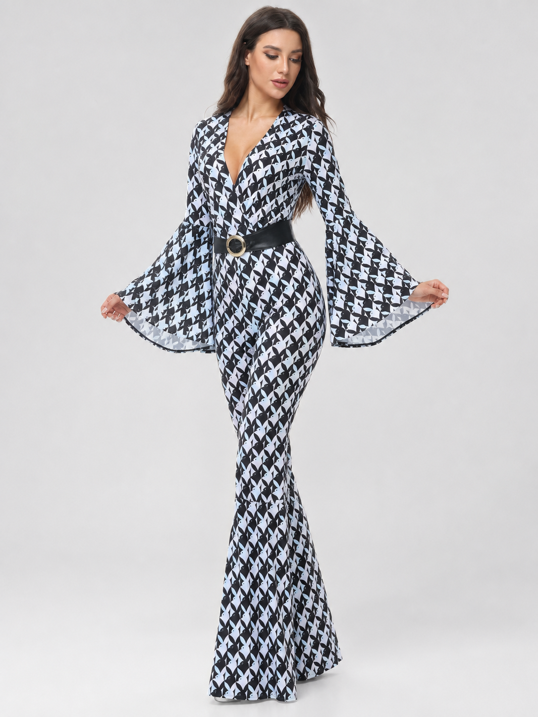 Retro Flared Jumpsuit with Geometric Print
