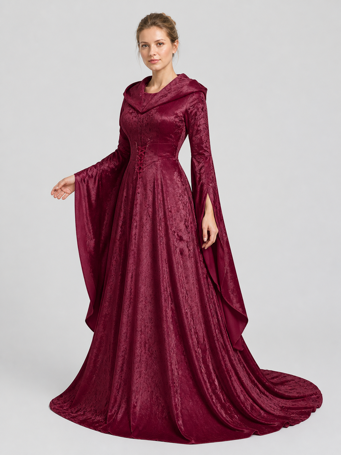 Wine-Colored Hooded Gothic Dress with Train Costume Dresses detail 2