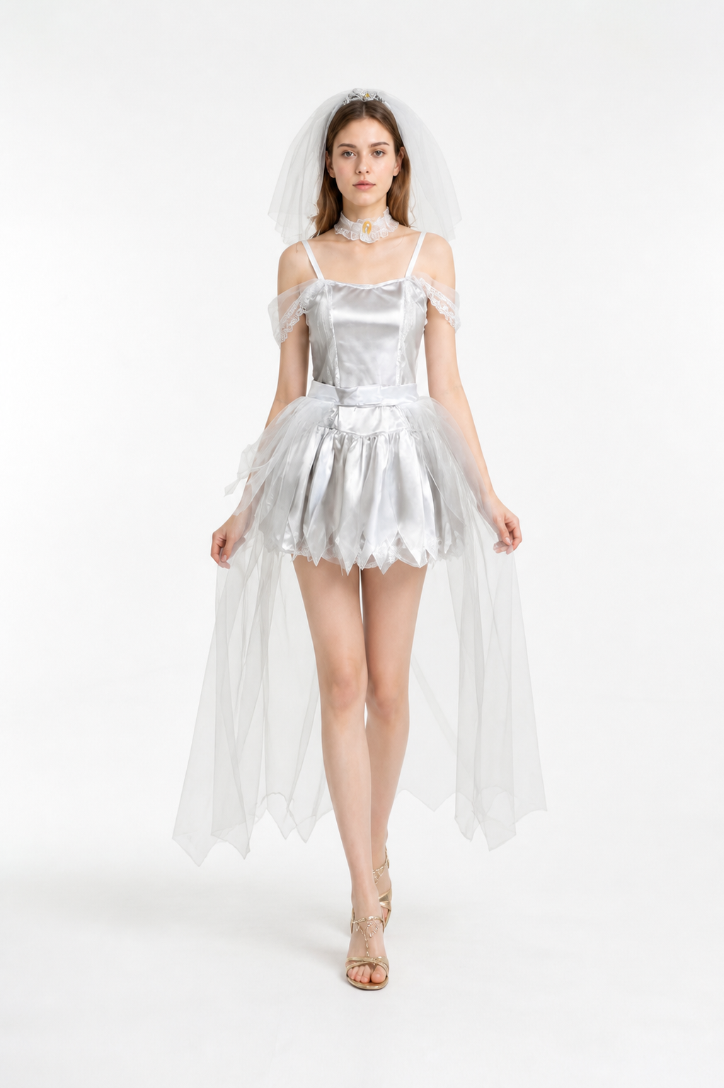 Retro-Style Dress with Cape and Train, White Costume Dresses detail 2