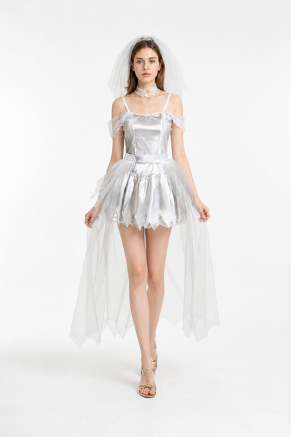 Retro-Style Dress with Cape and Train, White Costume Dresses detail 2