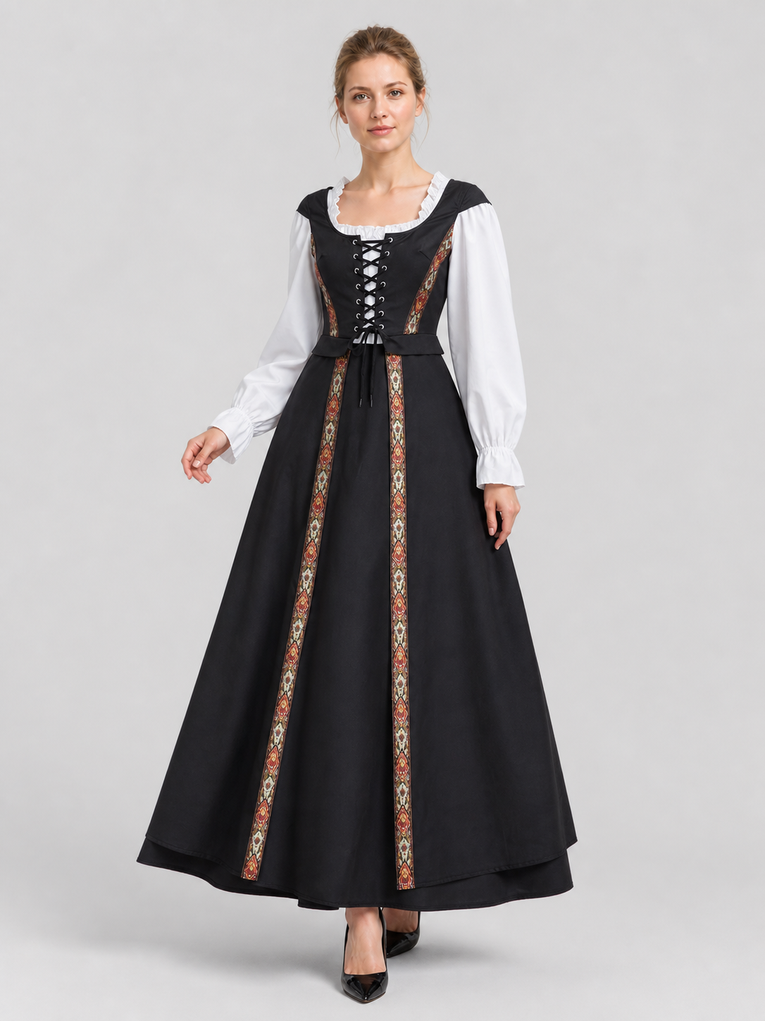Black Dress with Lace Collar and Ethnic Pattern Costume Dresses detail