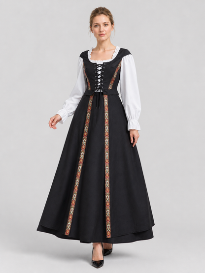 Black Dress with Lace Collar and Ethnic Pattern Costume Dresses detail