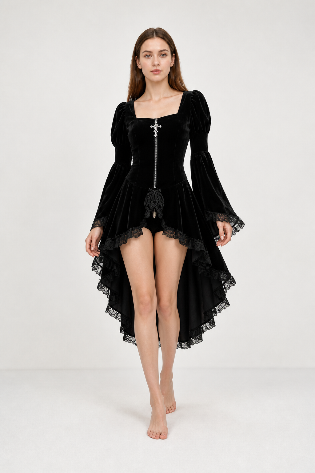 Gothic Dress with an Asymmetrical Hem and Zipper Costume Dresses detail 2