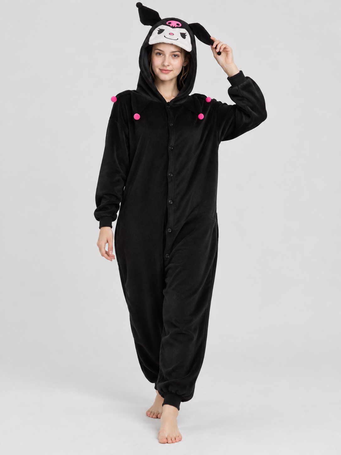 Black Fleece Hooded Pajama Jumpsuit with Ears