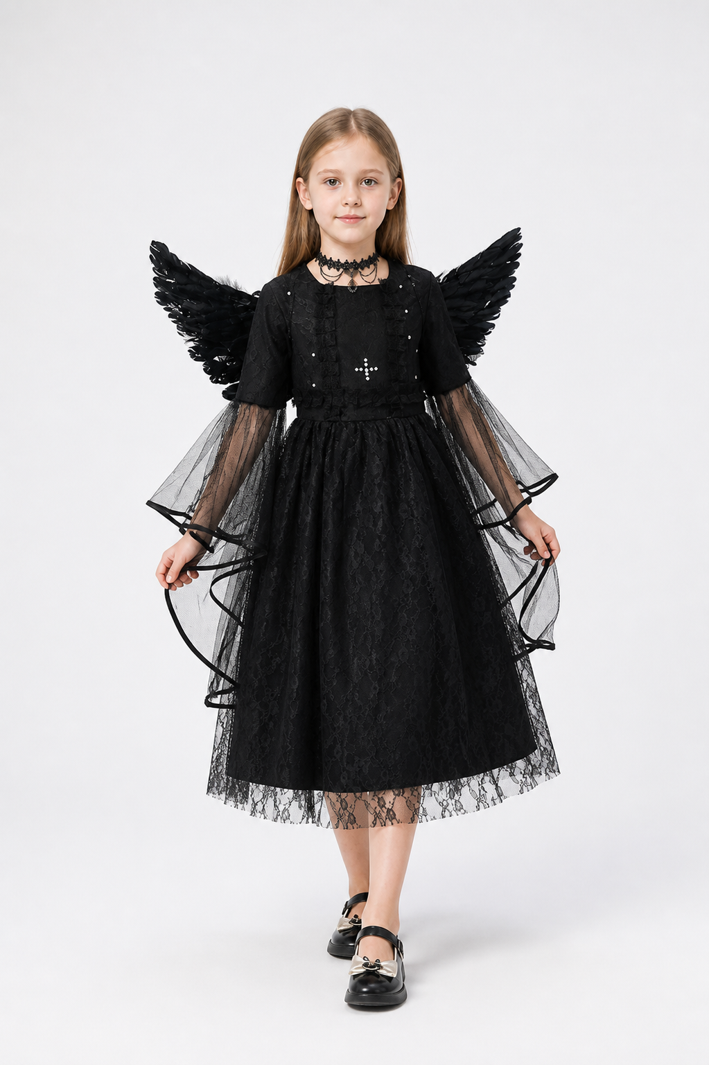 Black Midi Dress with Wings and Lace Costume Dresses detail 2