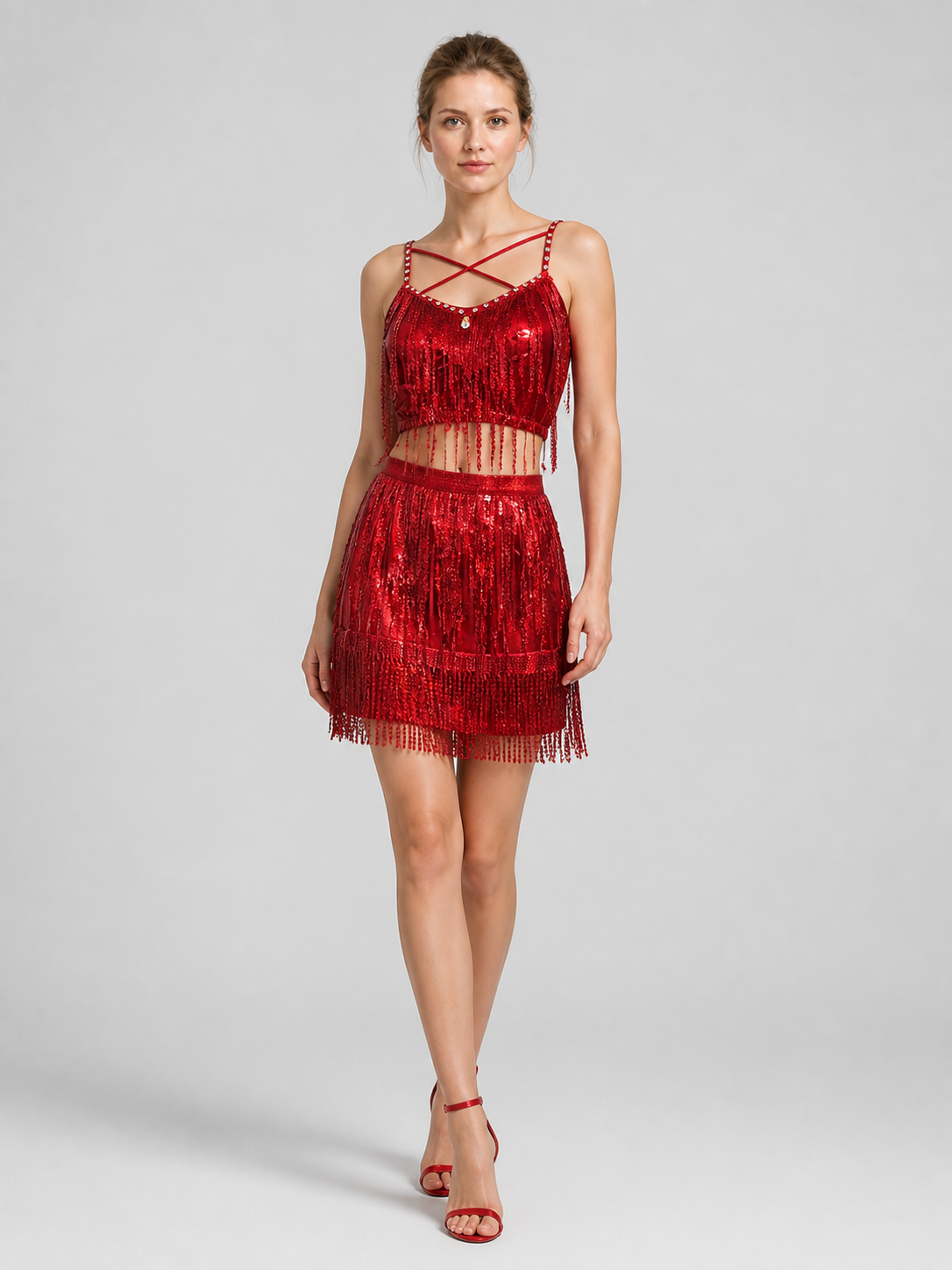 Red Stage Costume: Top and Fringed Skirt Costumes detail 2