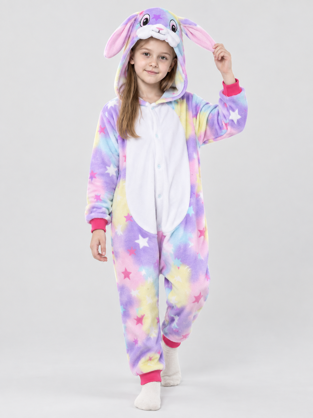 Pajama Jumpsuit with Hood, Ears, and Star Print