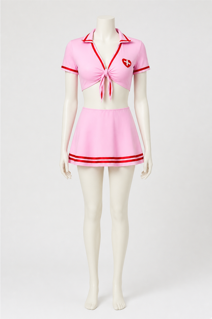 Short Pink Nurse Costume with Red Cross on-model alternate view