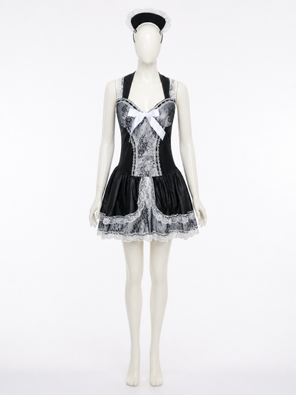 Black-and-White Cosplay Dress with Lace and Bow Costume Dresses detail 2