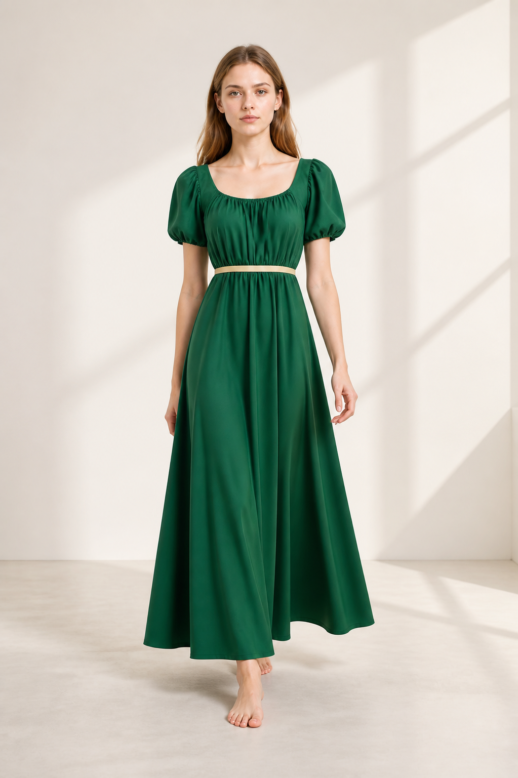 Long Dark Green Dress with Belt and Puff Sleeves Costume Dresses detail 2