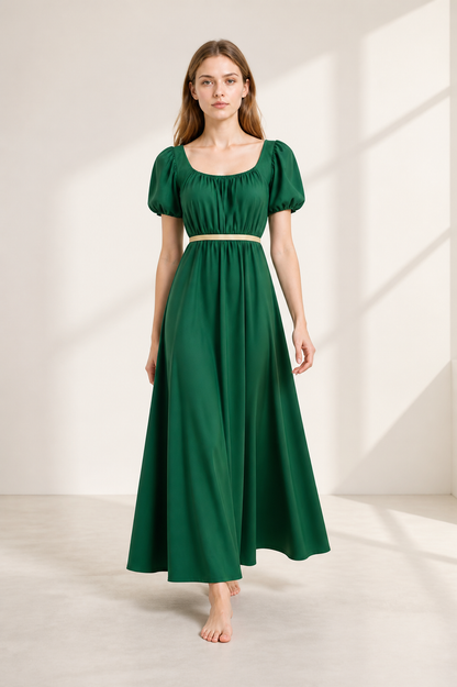 Long Dark Green Dress with Belt and Puff Sleeves Costume Dresses detail 2