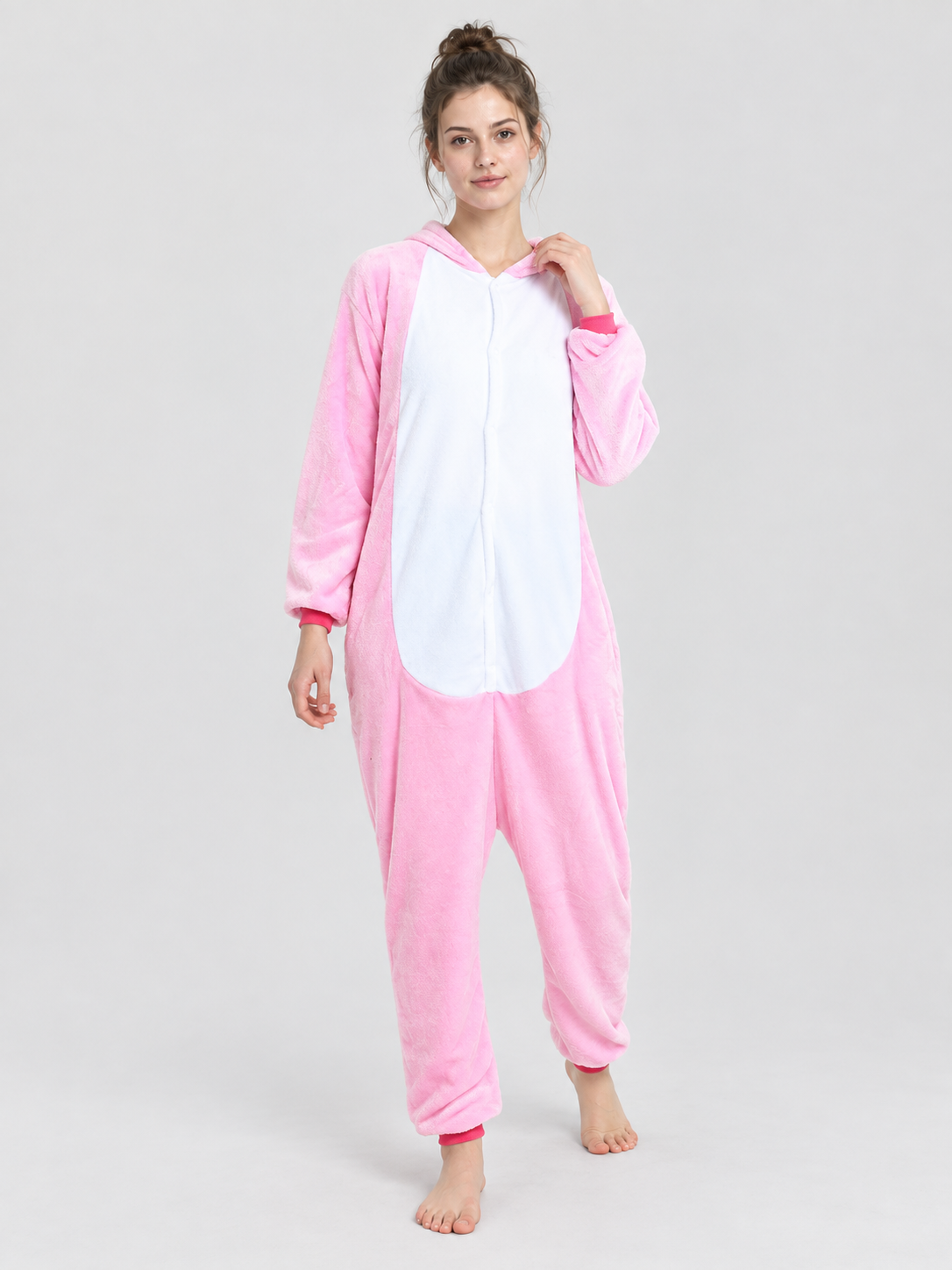 Pink and White Flannel Hooded Pajama Jumpsuit