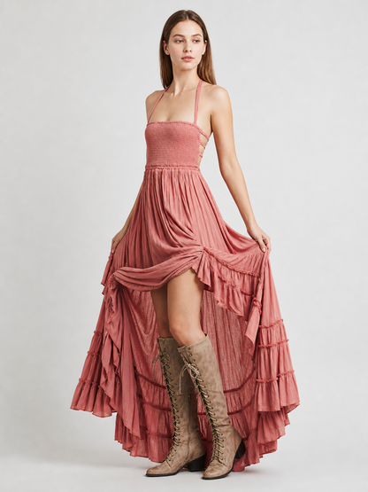 Boho-Style Maxi Dress with an Open Back