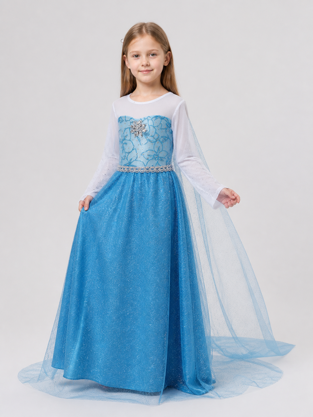 White and Blue Princess Dress with Lace Train Costume Dresses detail 2