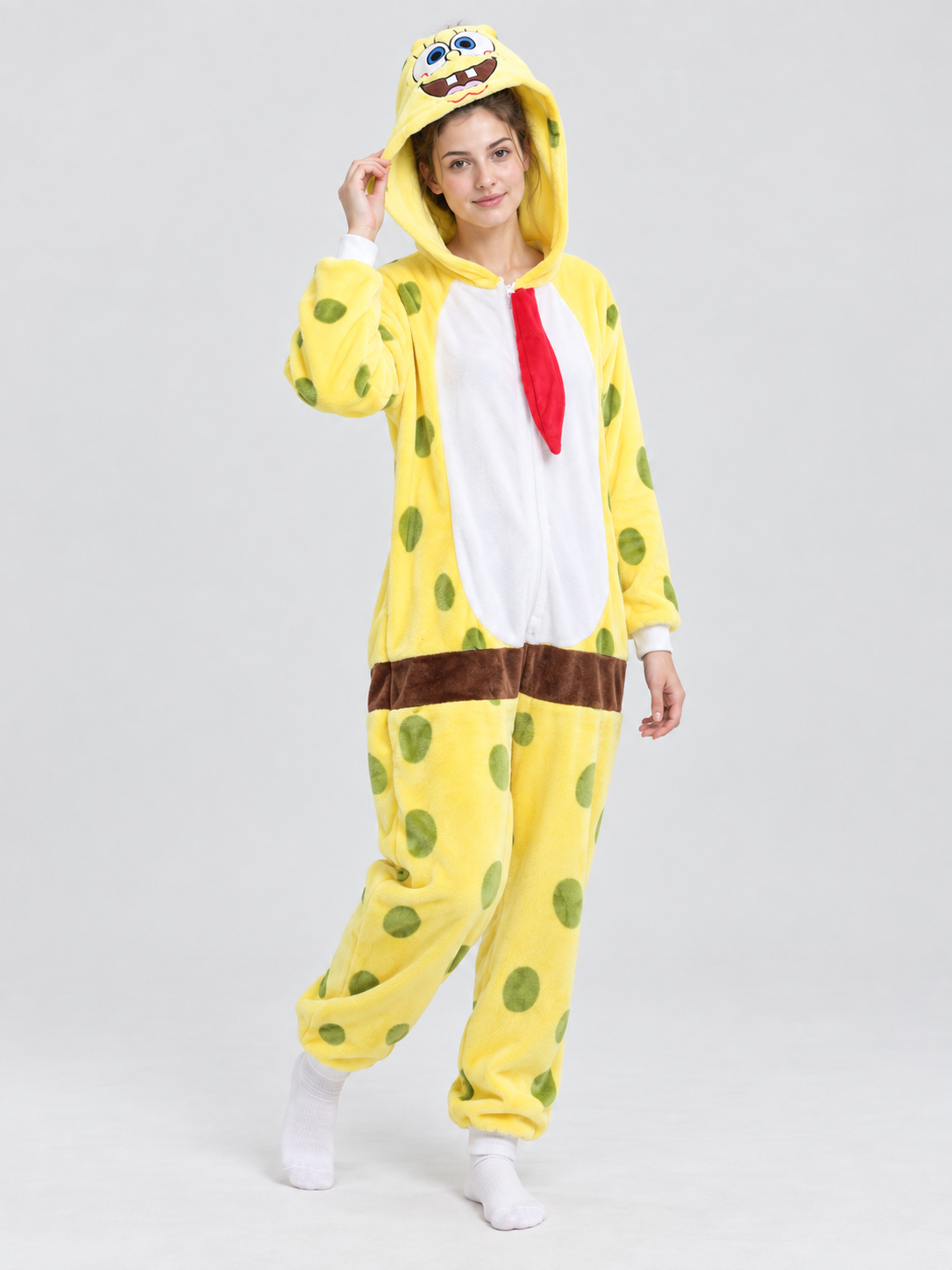 Yellow one-piece kigurumi pajama with cartoon-face hood
