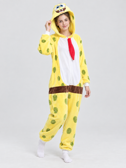 Yellow one-piece kigurumi pajama with cartoon-face hood