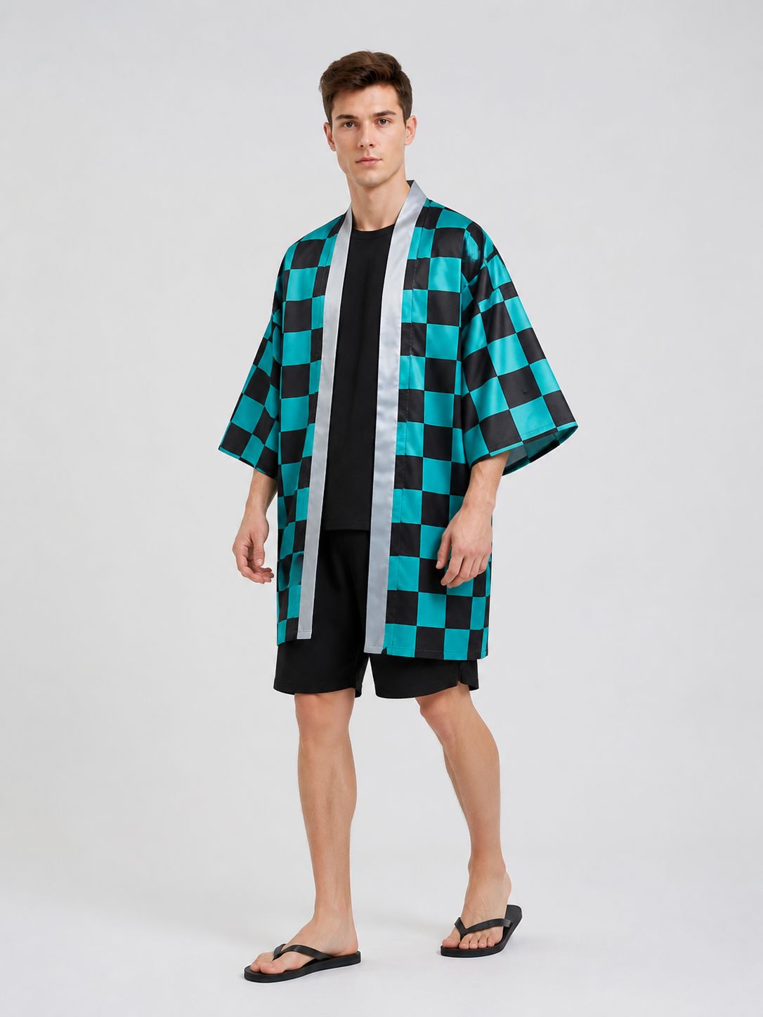Tanjiro Long Plaid Cloak with Wide Sleeves