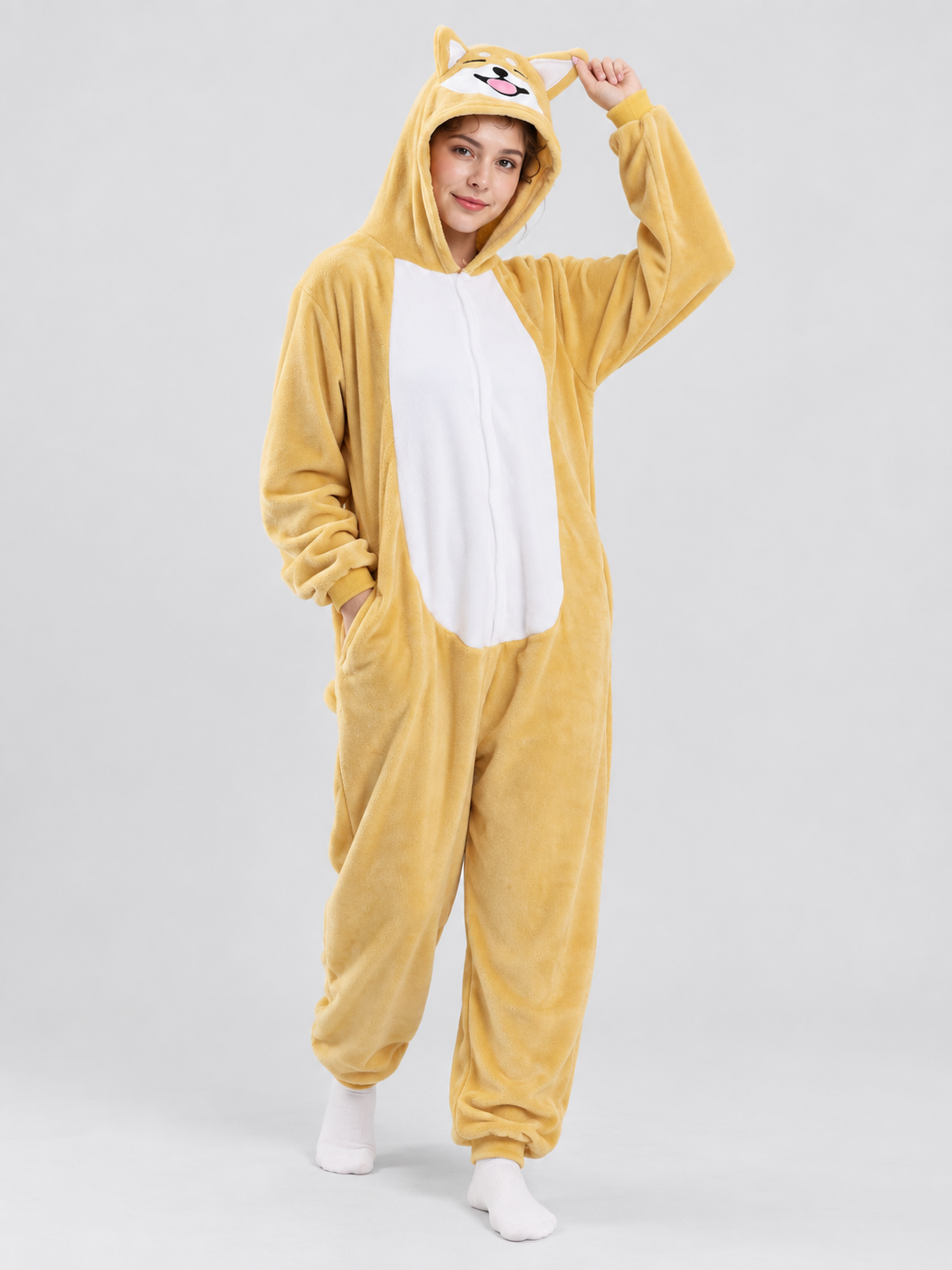 Plush yellow-beige kigurumi pajama with hood and ears