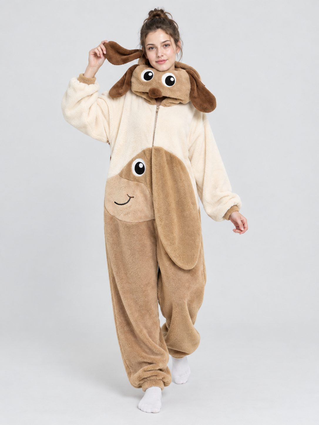 Loungewear jumpsuit with a hood, ears, and tail
