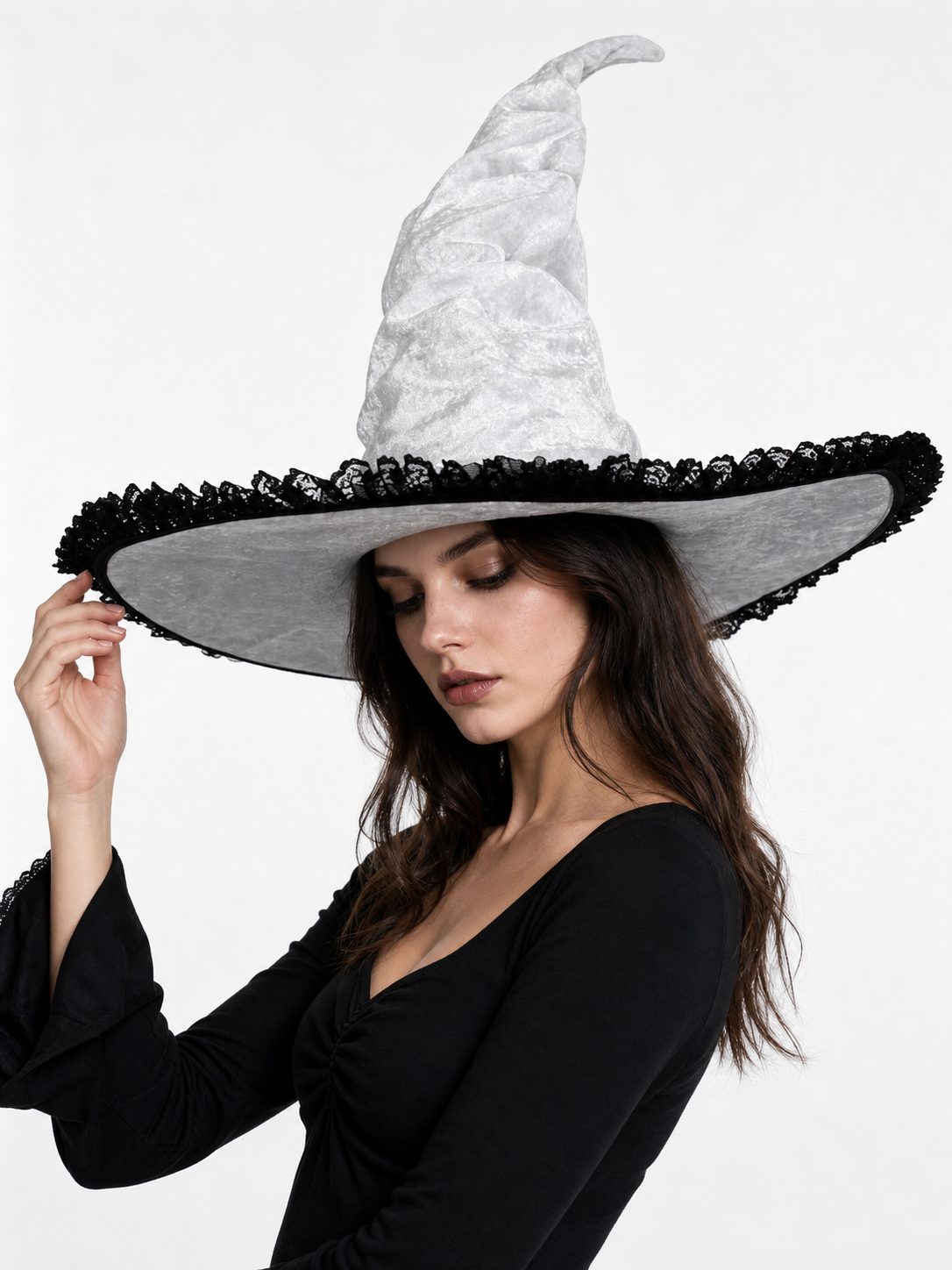 Light Gray White Halloween Witch Hat with Black Lace Trim, Tall Bent Pointed Crown and Wide Brim for Witch Cosplay Costume Party