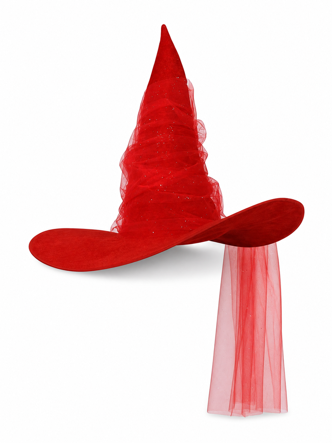 Red Halloween Witch Hat Tall Pointed Cone Wide Curved Brim Sheer Layered Glitter Speckled Costume Accessory for Parties and Photography