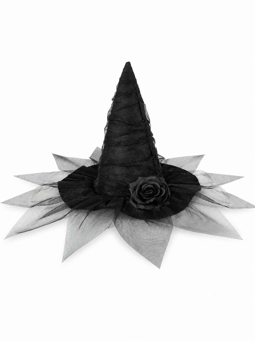 Black Halloween Witch Hat with Black Rose, Tall Pointed Wide Brim Mesh Costume Hat for Gothic Parties and Decorations
