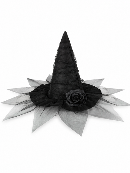 Black Halloween Witch Hat with Black Rose, Tall Pointed Wide Brim Mesh Costume Hat for Gothic Parties and Decorations