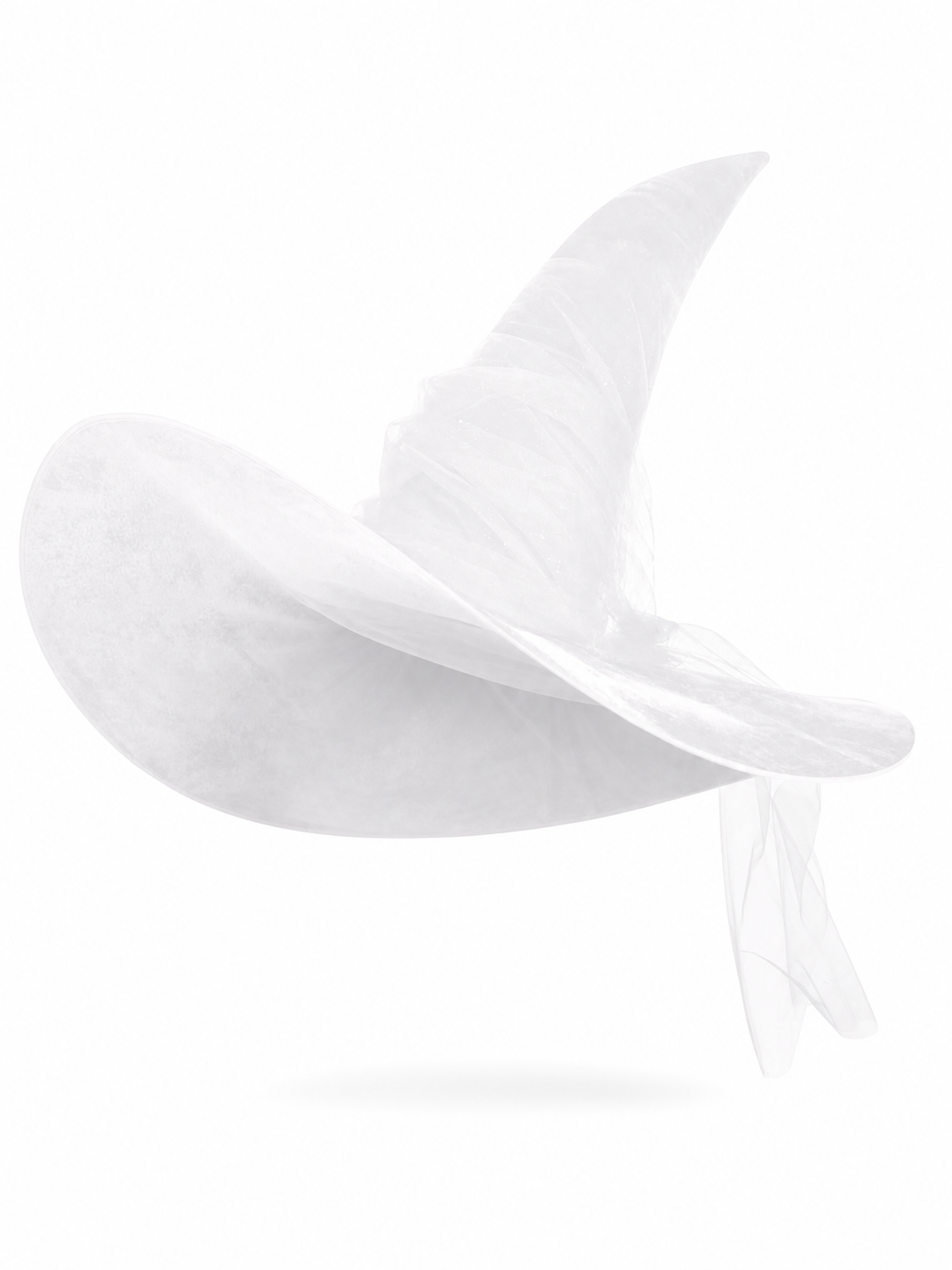 White Halloween Witch Hat With Wide Floppy Brim, Sheer Layered Fabric, Curved Pointed Crown And Trailing Veil For Cosplay Costume Party
