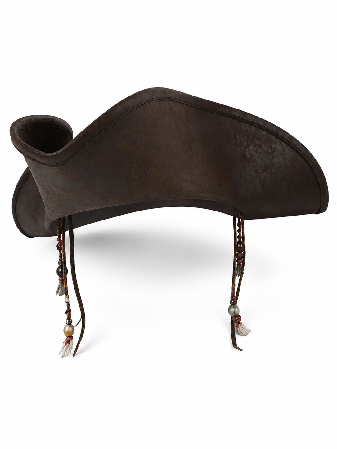 Dark Brown Tricorn Pirate Hat, Three-Cornered Structured Crown with Broad Curved Upturned Brim and Stitched Edging for Cosplay Costumes, Theatrical Performances and Fantasy Events