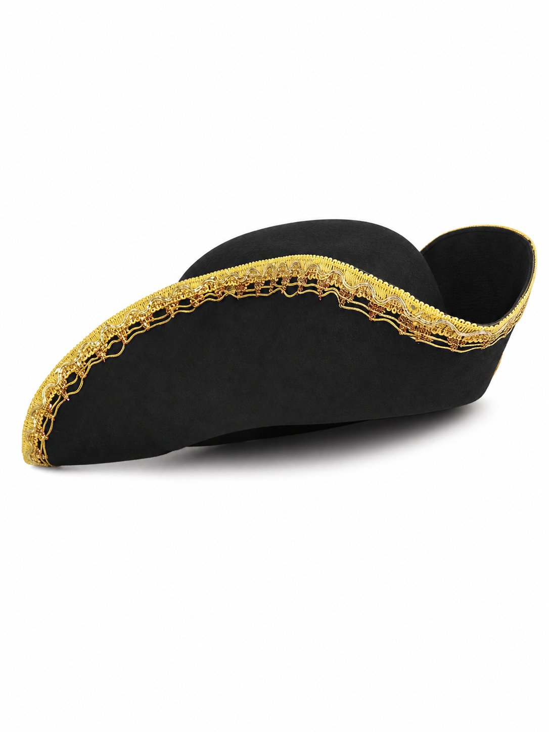 Black and Gold Trim Pirate Hat, Wide Curved Tricorn Costume Headpiece with Structured Crown for Cosplay, Costume Parties and Themed Events
