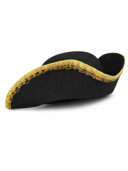 Black and Gold Trim Pirate Hat, Wide Curved Tricorn Costume Headpiece with Structured Crown for Cosplay, Costume Parties and Themed Events