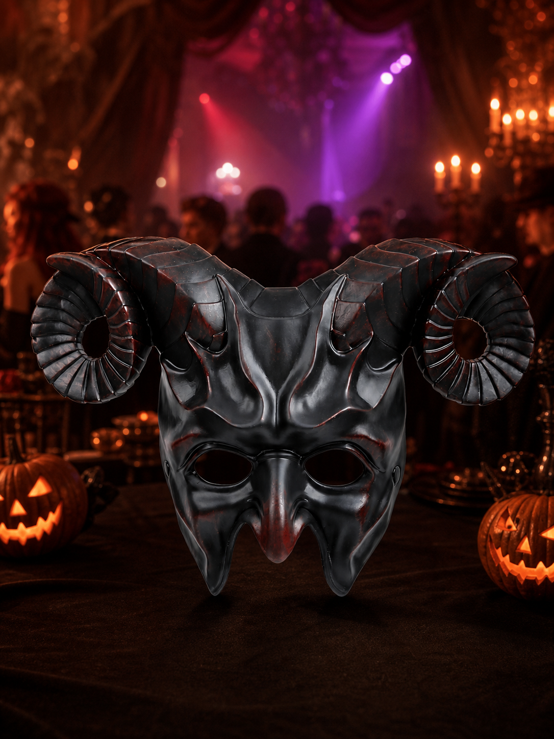 1pc Halloween Horned Demon Mask, Full Face with Curled Horns for Cosplay Parties