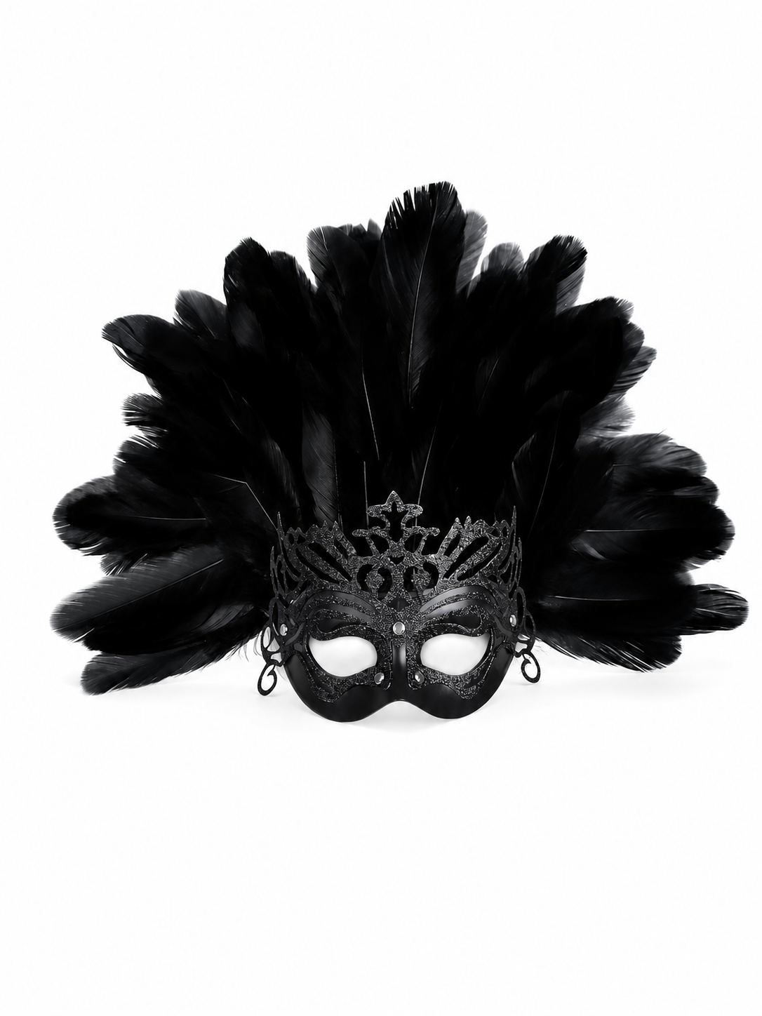 Carnival headpiece with black feathers and a mask