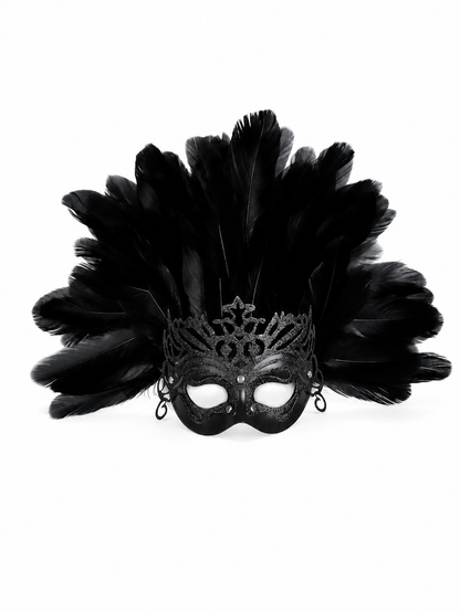 Carnival headpiece with black feathers and a mask
