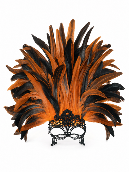 Carnival headdress with feathers and a mask