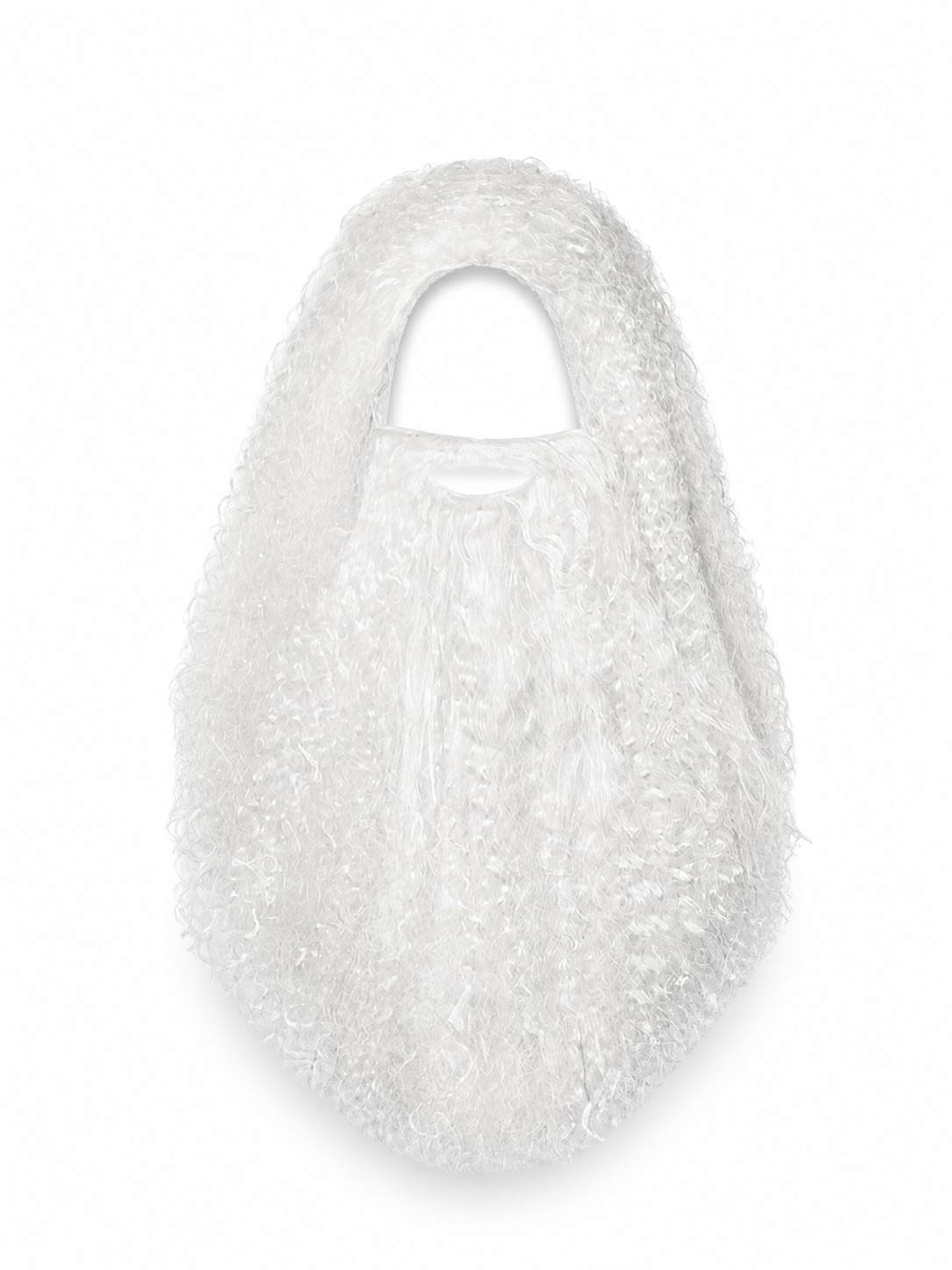 White curly wig and long beard displayed flat against a white background with the face opening visible