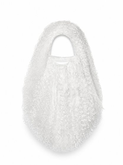 White curly wig and long beard displayed flat against a white background with the face opening visible