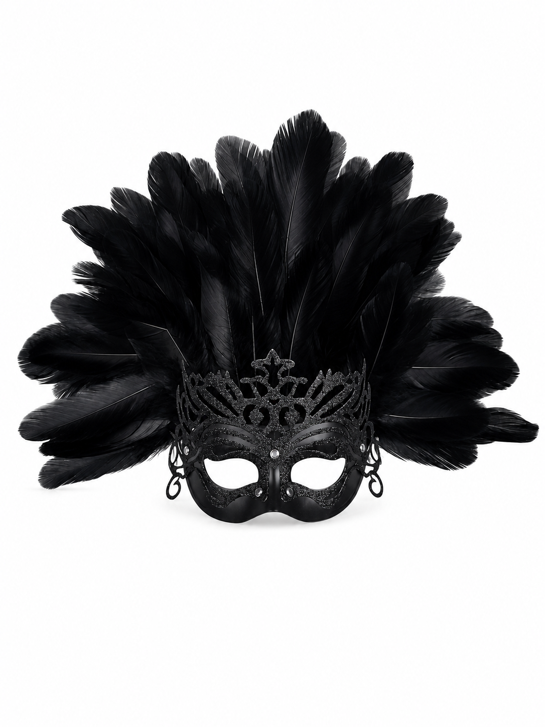 Carnival headpiece with black feathers and a mask