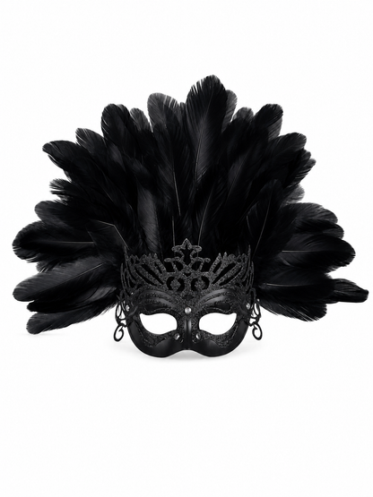 Carnival headpiece with black feathers and a mask