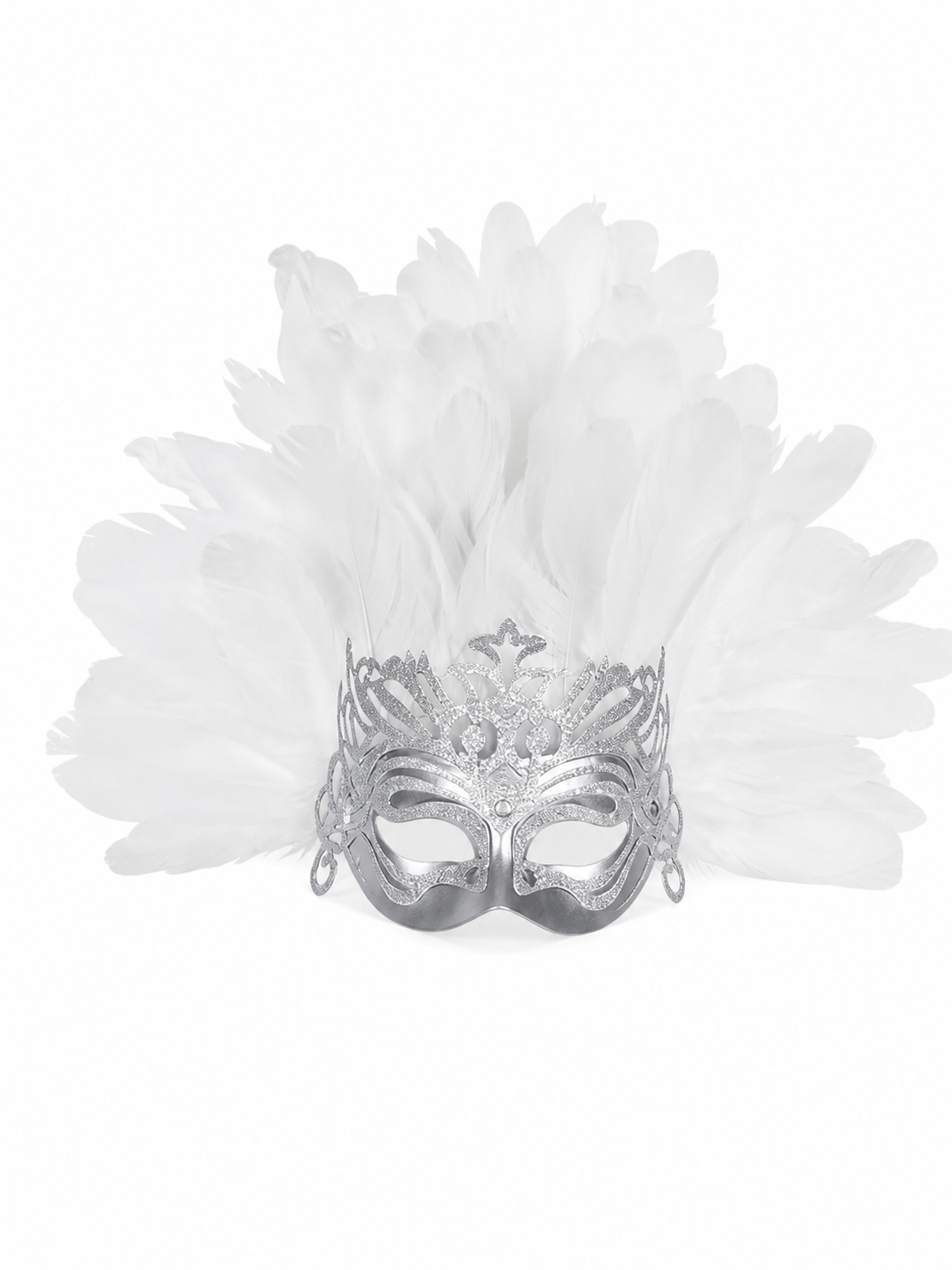 1pc White Feather Mask with Silver Lace Hollow Out, Crown Headdress for Vintage