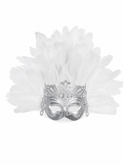 1pc White Feather Mask with Silver Lace Hollow Out, Crown Headdress for Vintage