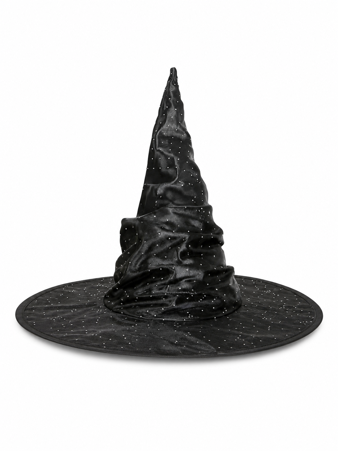 Black Halloween Witch Hat Pointed Wide Brim Ruched Crown With Silver-White Dot Embellishments Costume Accessory