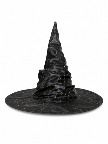 Black Halloween Witch Hat Pointed Wide Brim Ruched Crown With Silver-White Dot Embellishments Costume Accessory