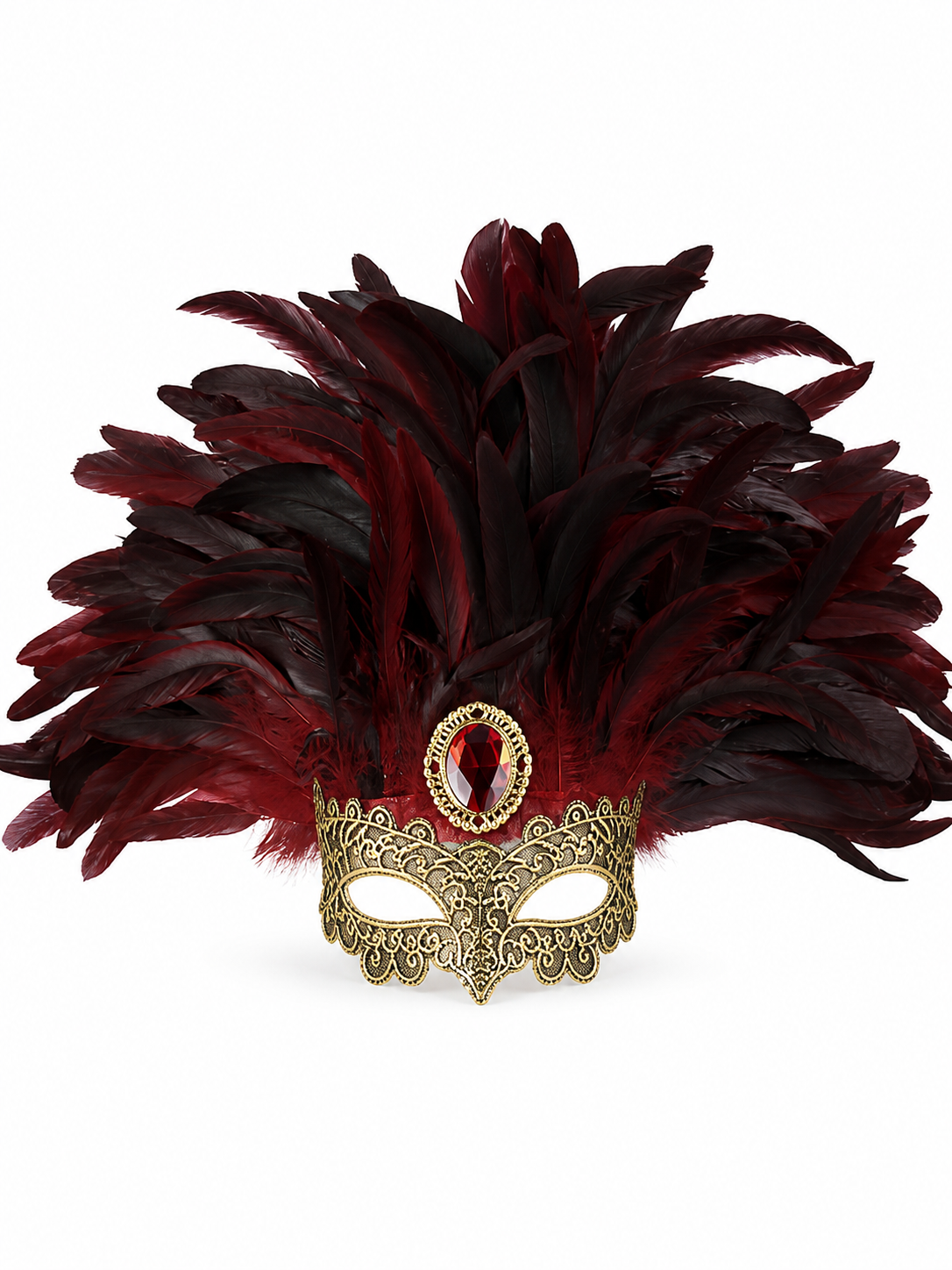 Front-facing feathered masquerade mask displayed against white, with burgundy and black feathers, gold filigree, and a red oval jewel