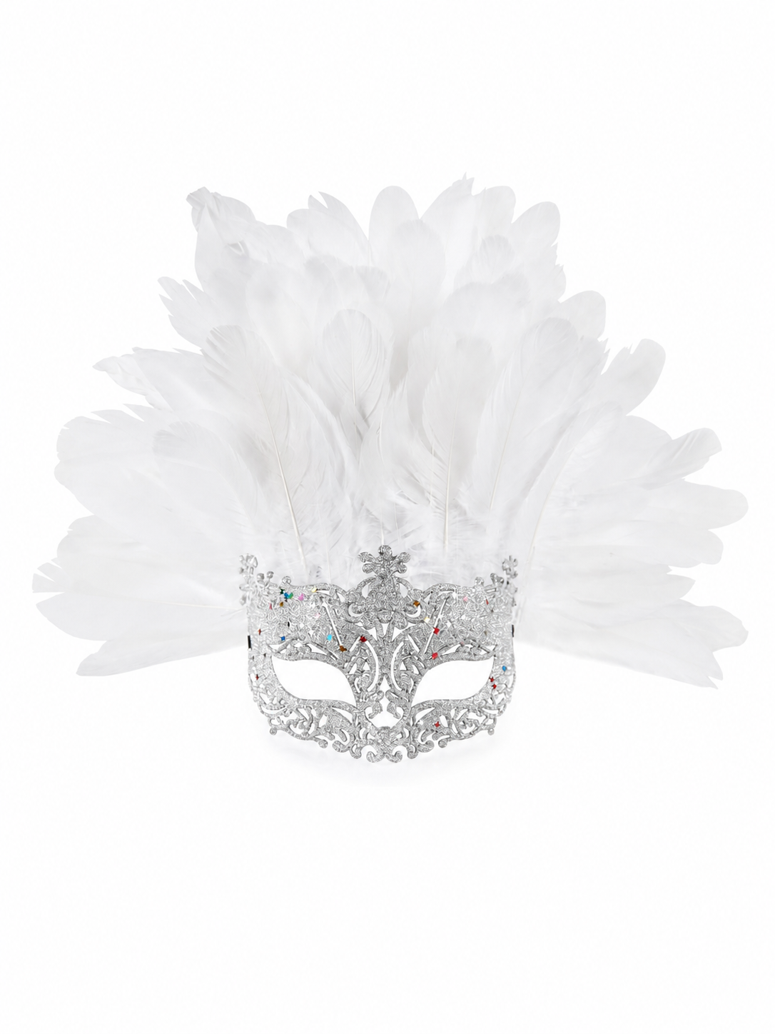 Masquerade Mask with White Feathers and Glitter