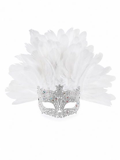 Masquerade Mask with White Feathers and Glitter