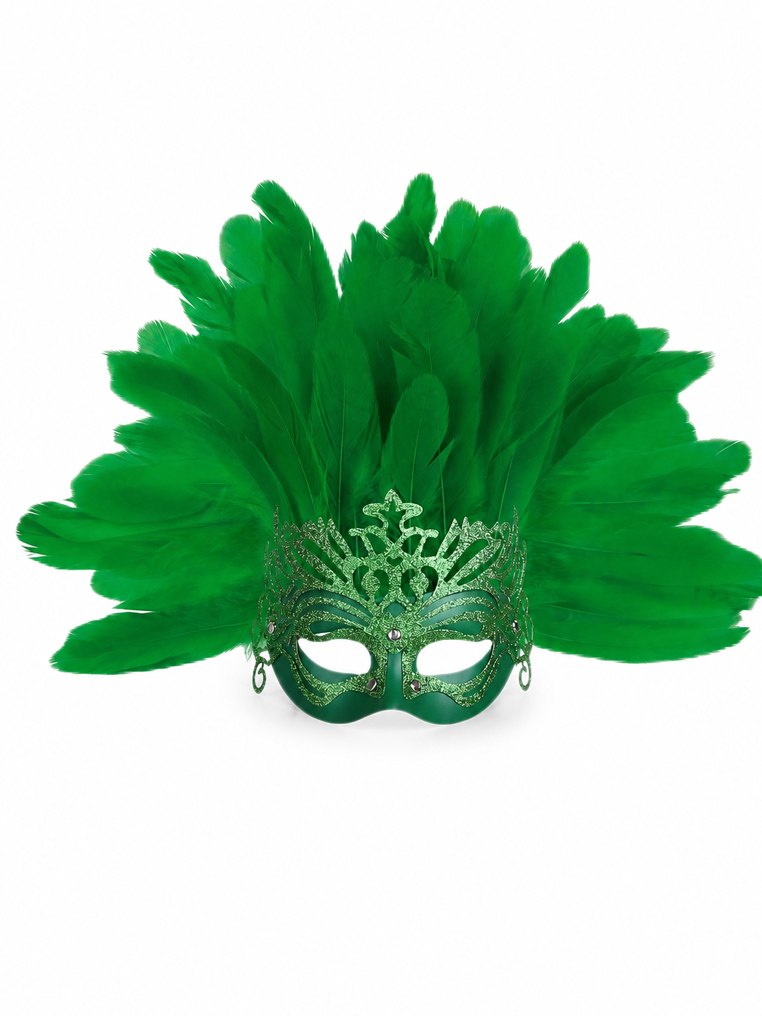 Carnival Mask with Green Feathers and Glitter