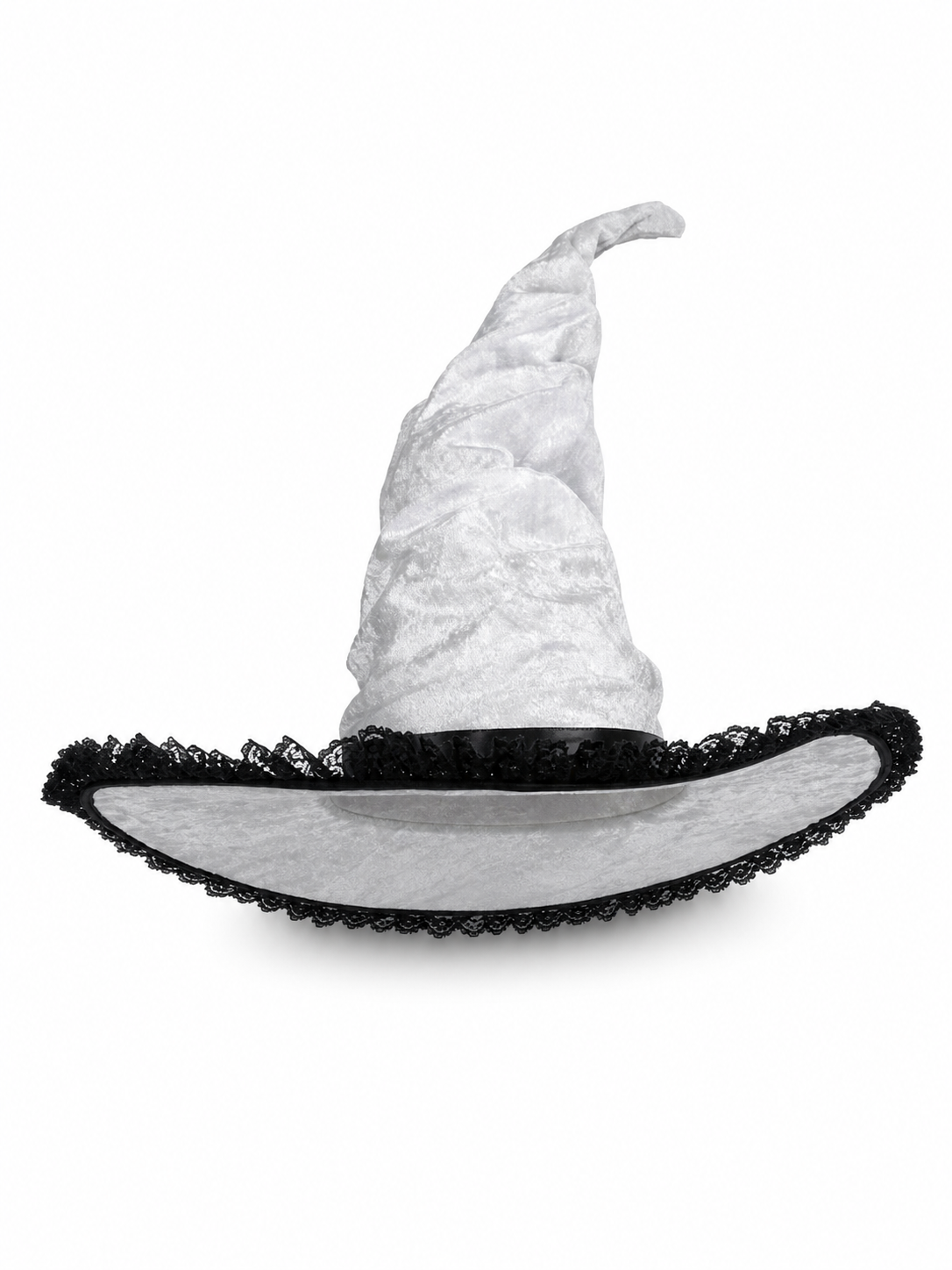 Light Gray White Halloween Witch Hat with Black Lace Trim, Tall Bent Pointed Crown and Wide Brim for Witch Cosplay Costume Party