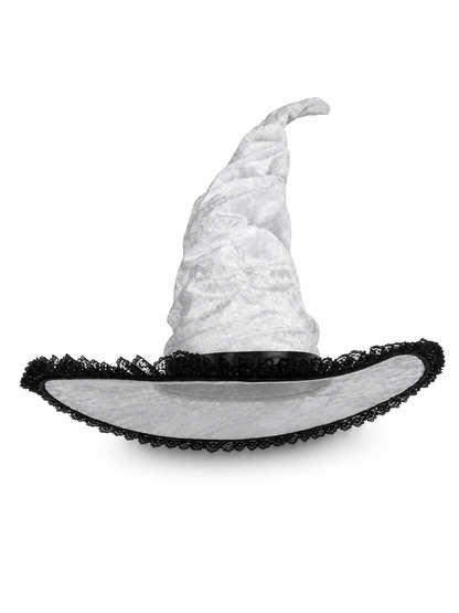 Light Gray White Halloween Witch Hat with Black Lace Trim, Tall Bent Pointed Crown and Wide Brim for Witch Cosplay Costume Party