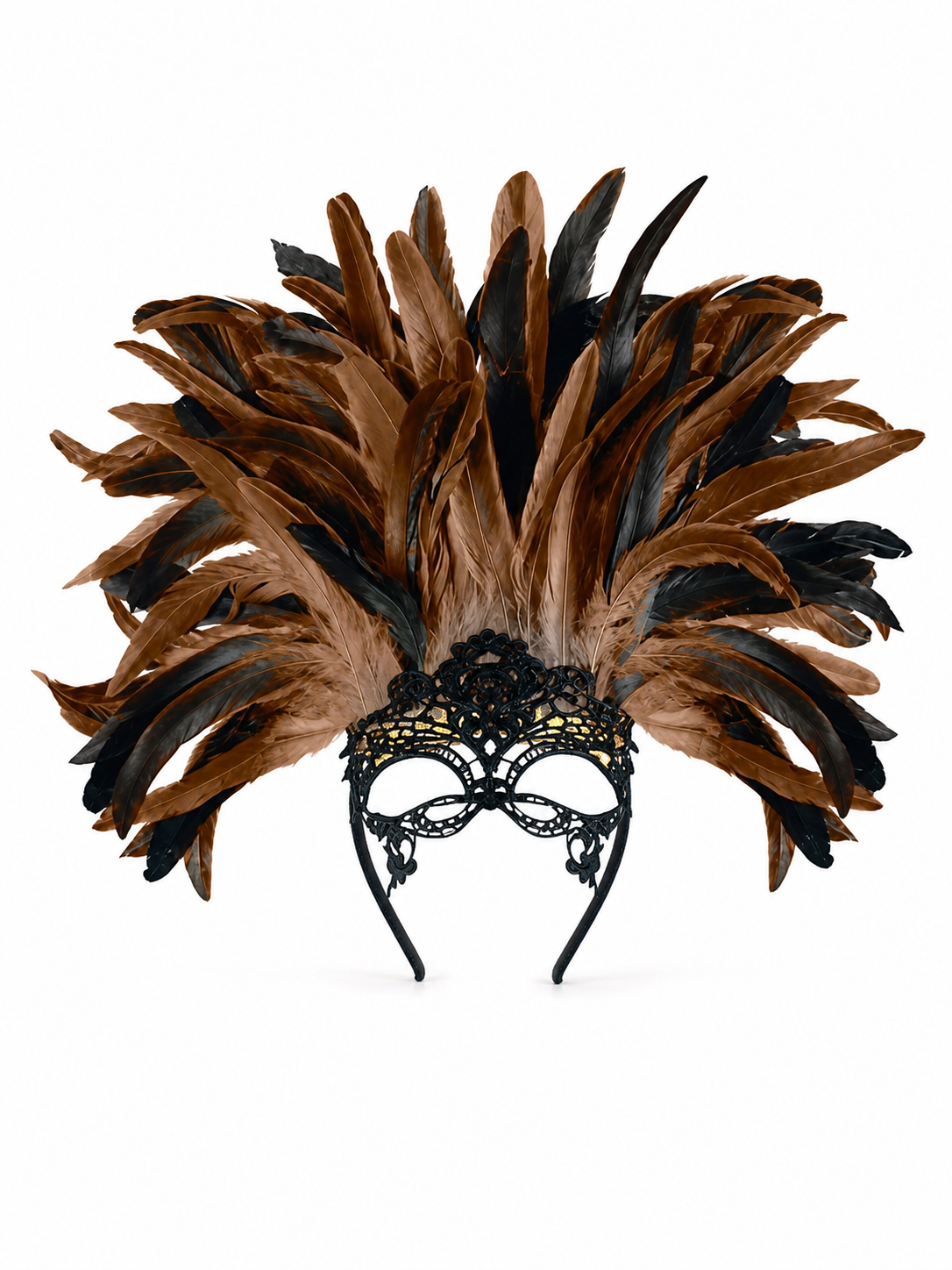 Brown and black feathered headpiece with a black lace eye mask and black side straps, displayed front-facing against white
